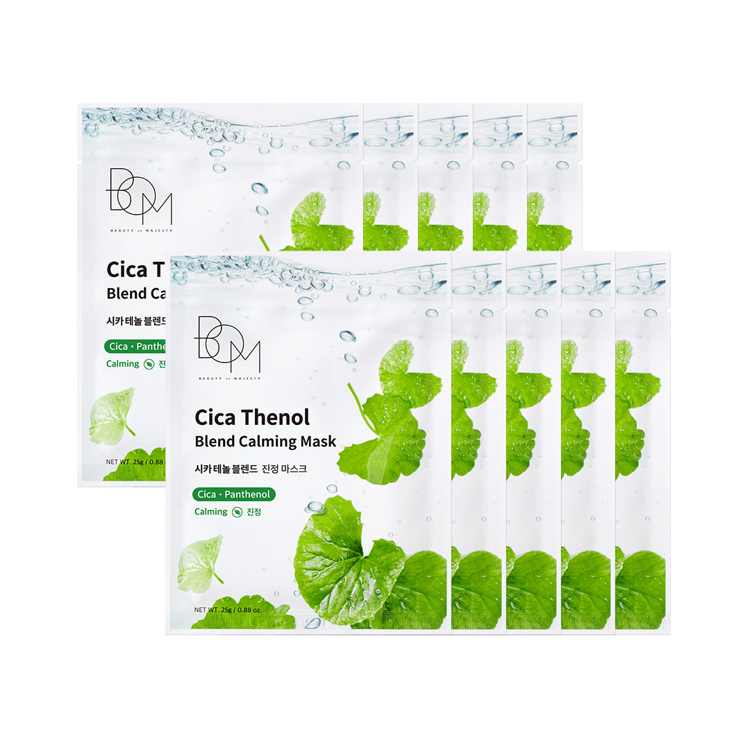 BOM Cica Thenol Blend Calming Mask - raminančios odą lakštinės veido kaukės, 10 vnt