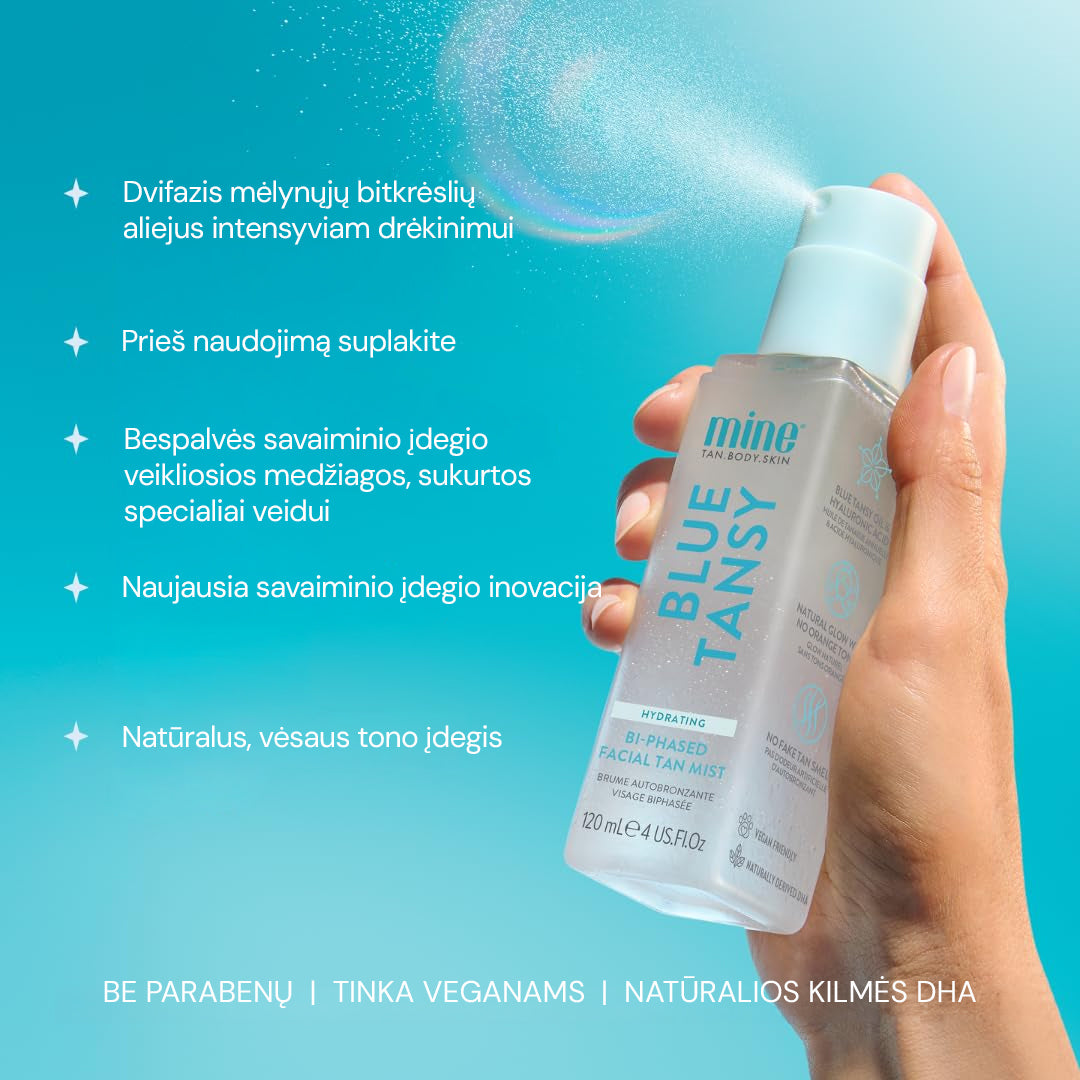 MINETAN Blue Tansy Bi-Phased Facial Tan Mist – dvifazė savaiminio įdegio dulksna veidui