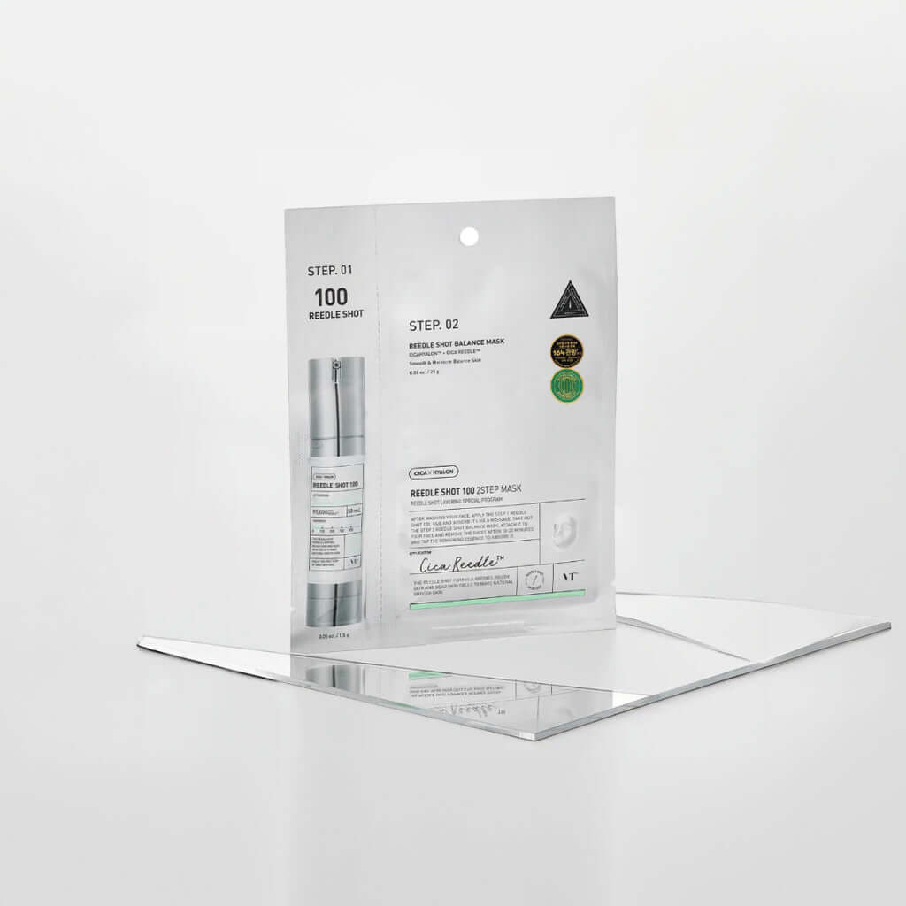 VT Cosmetics Reedle Shot 100 2Step Mask - ampulės ir raminamosios veido kaukės rinkinys