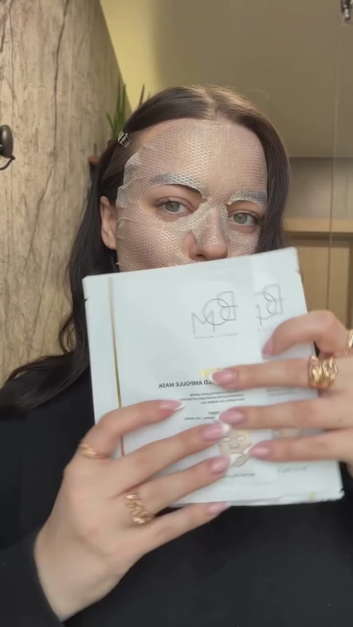 Įkelti vaizdo įrašą: BOM Peptide Power Gold Ampoule Mask - lakštinių veido kaukių dėžutė, 5 vnt